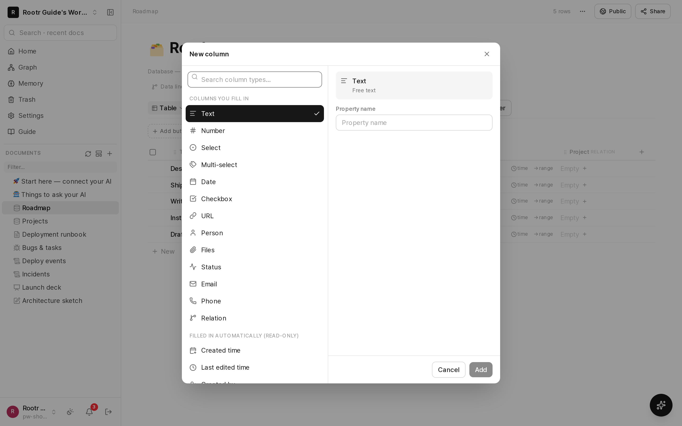 The new-column dialog: type list with icons and descriptions on the left, name and settings on the right.