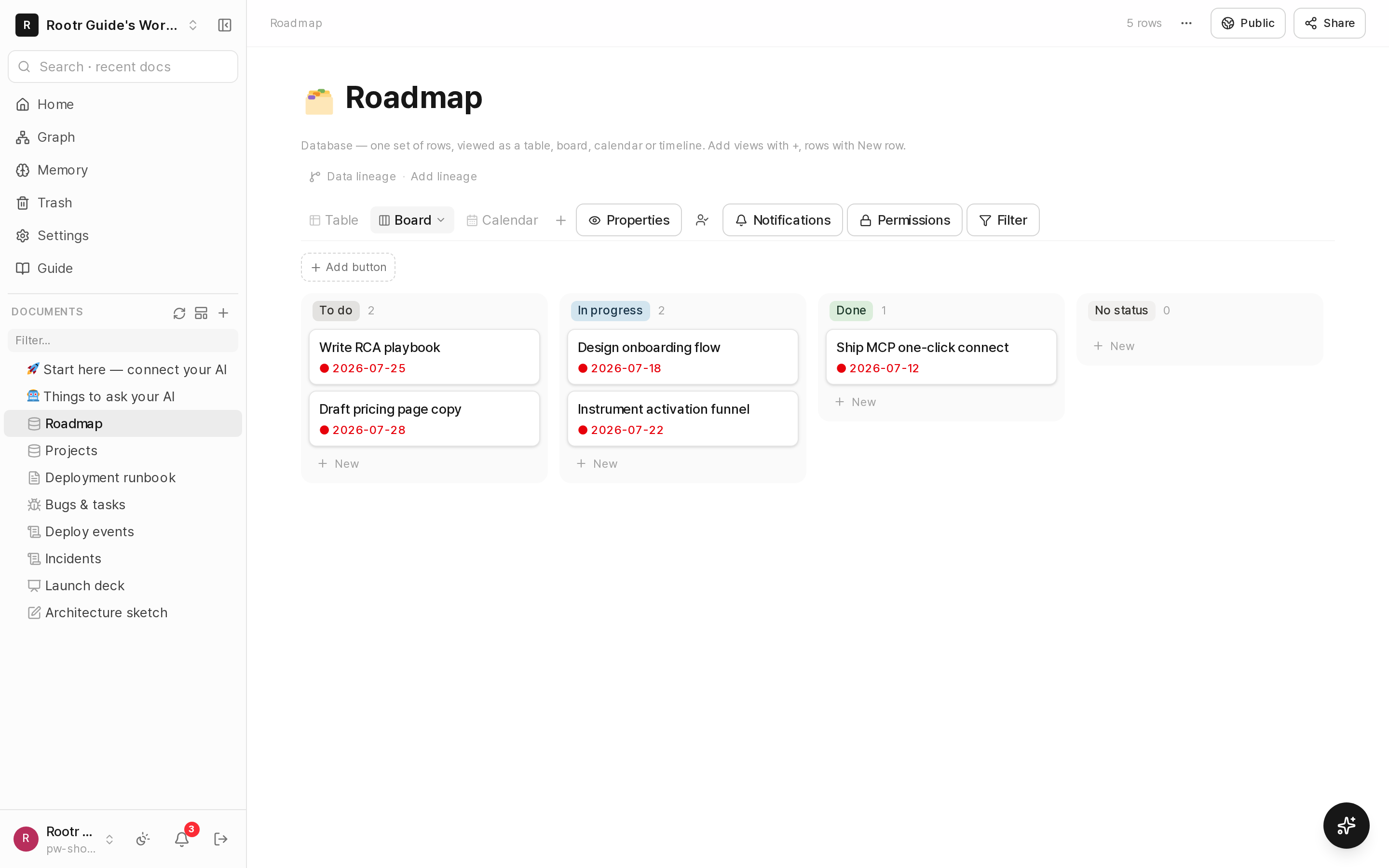 Board view with cards in to-do, in-progress and done columns.