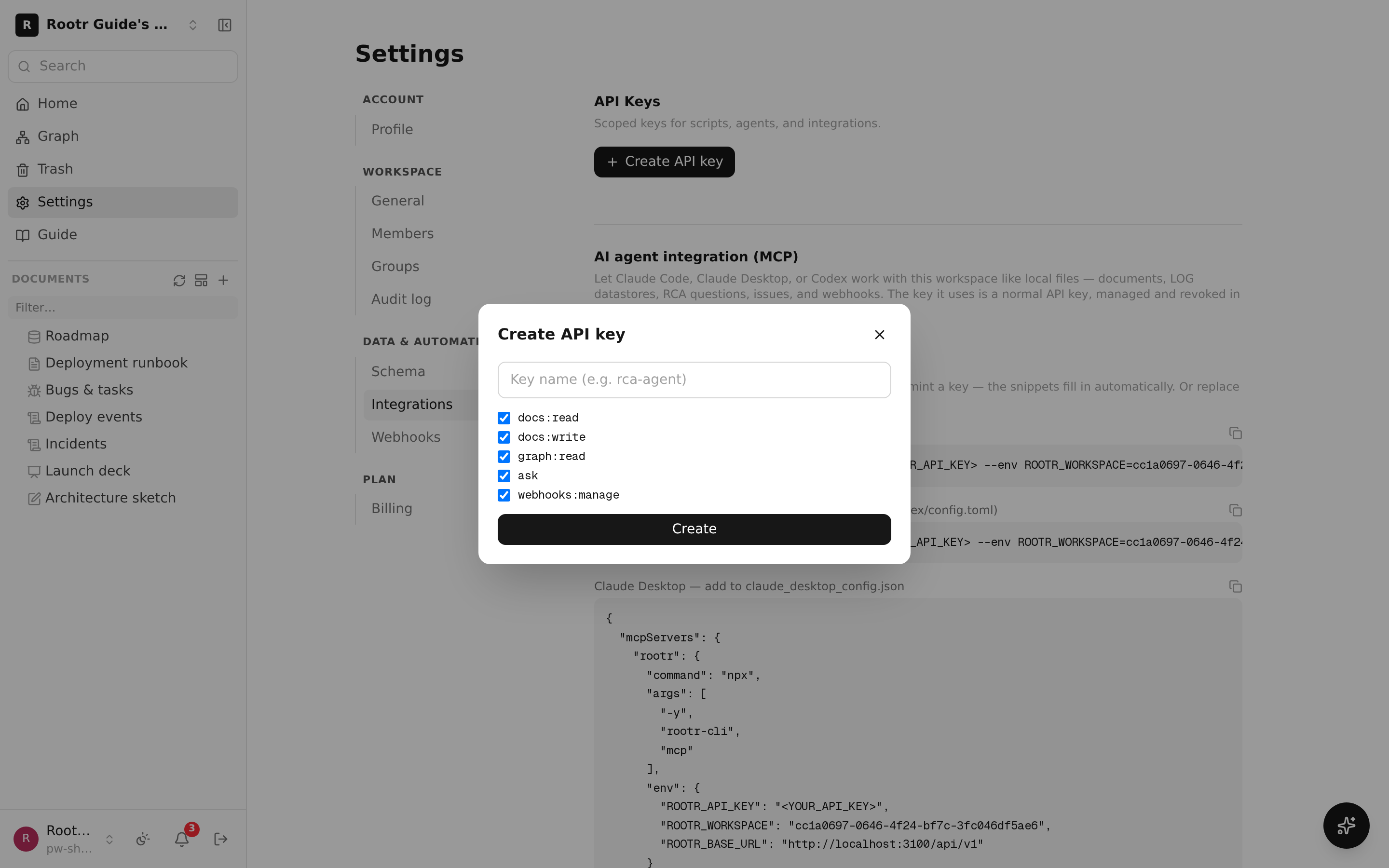 The one-click MCP integration screen in Settings → Integrations. It shows a copy-ready configuration with the issued key filled in, plus per-target copy buttons.