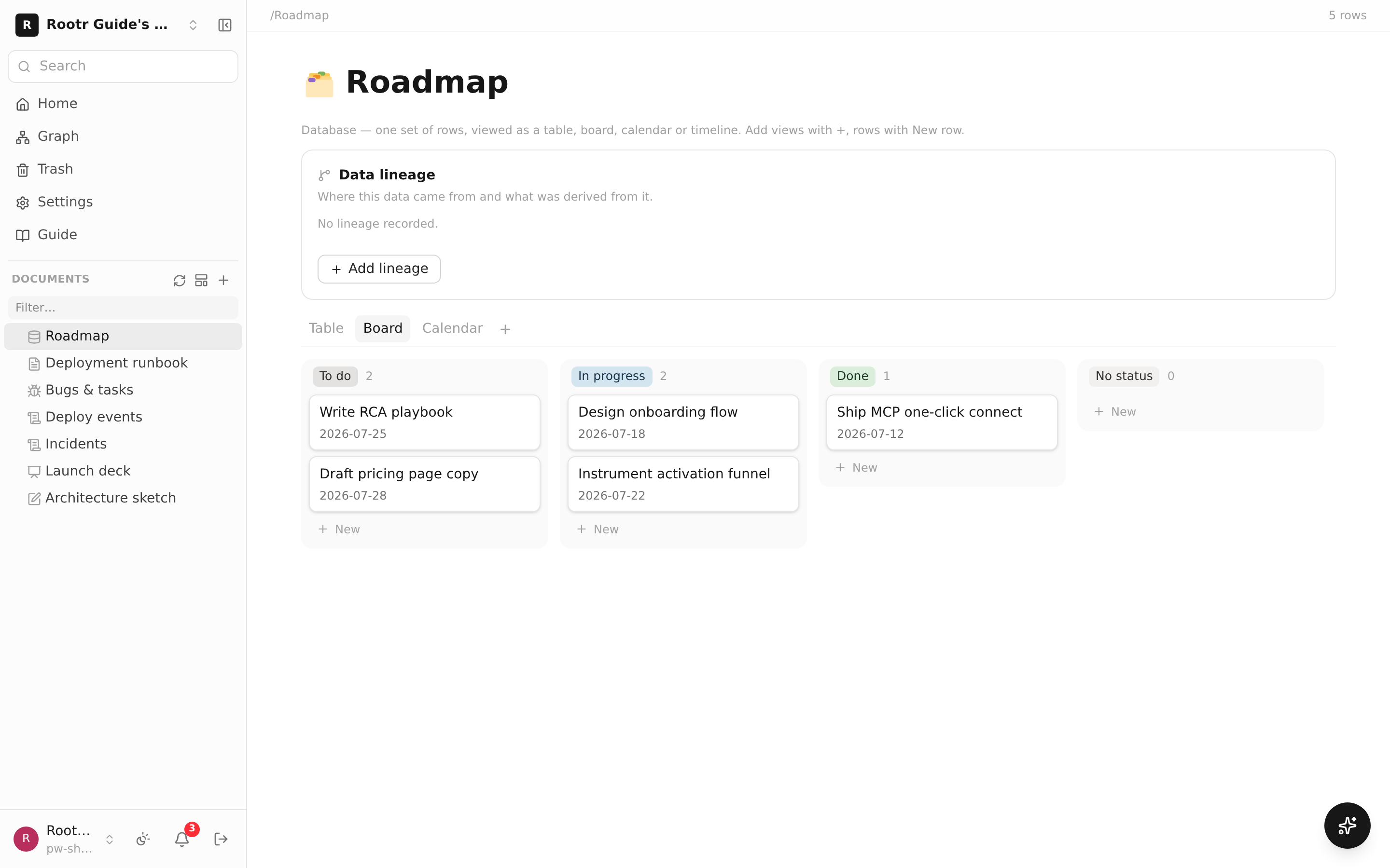 A DATABASE node viewed as a kanban board. Cards sit in the To do / In progress / Done columns.