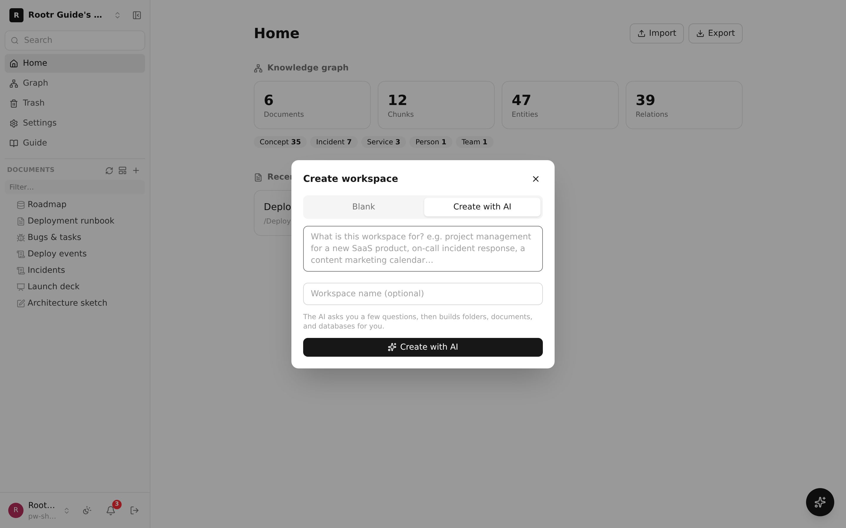 The "Create with AI" window. Write what you want to do as a sentence and it generates a workspace structure automatically.